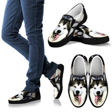 Load image into Gallery viewer, Alaskan Malamute Dog Print Slip Ons (Black) For Women- Express Shipping