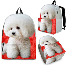 Load image into Gallery viewer, Bichon Frise On Red Fur Print Backpack- Express Shipping